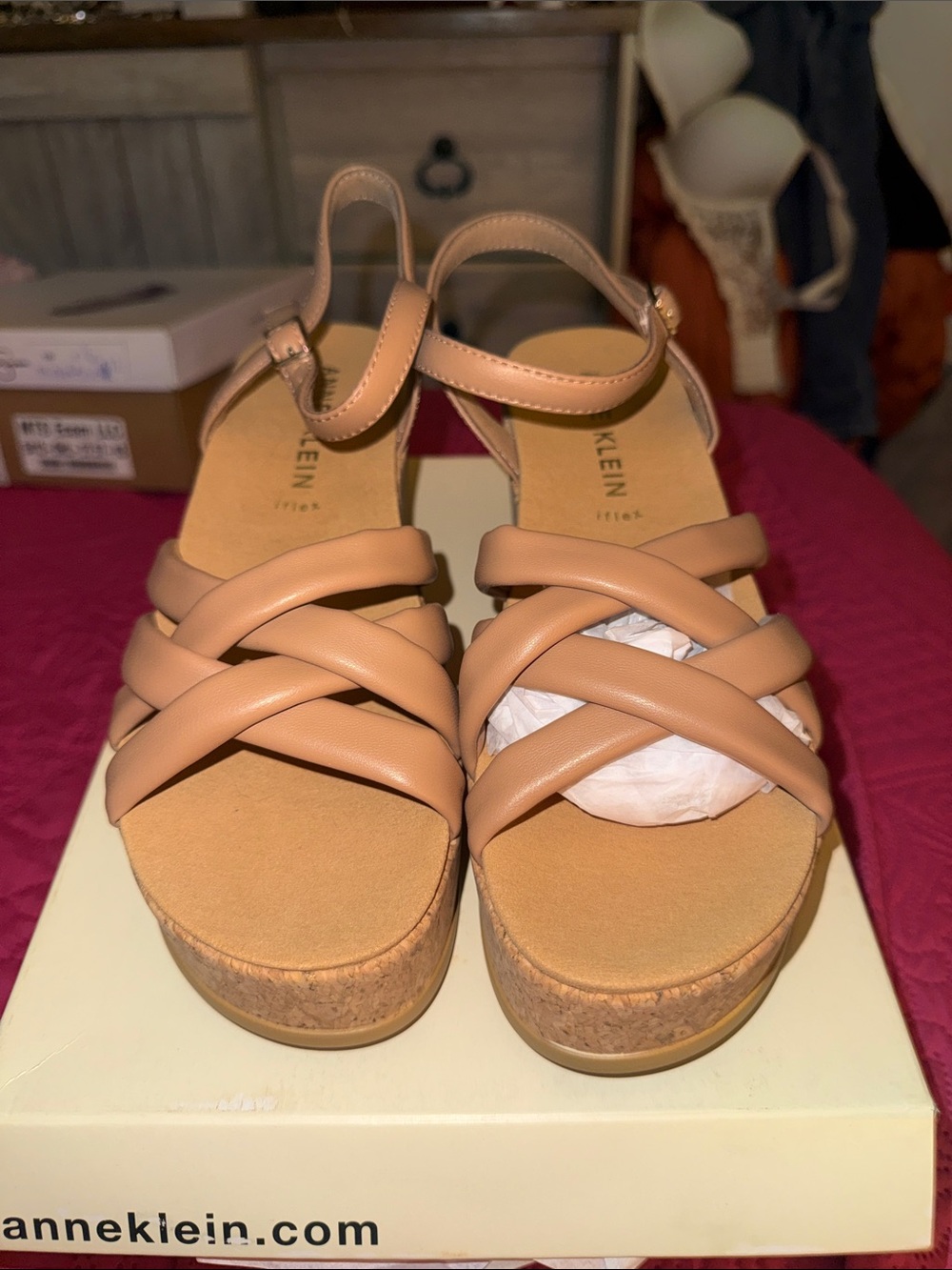 Anne Klein Nude/Tan Cork Platform Sandals with Crisscross Straps